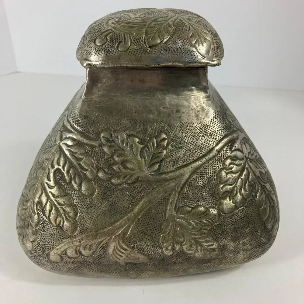 Ornate Indian Handtooled White Brass Flat Top Triangular Pot Lid Made in India 6